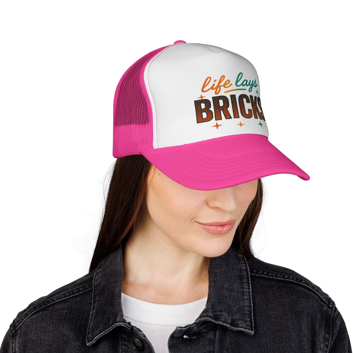 Life Lays Bricks Trucker Cap, Fun Casual Hat, Perfect Gift for Builders, Retro Style Cap, Great for Casual Outings, Stylish Sun Protection