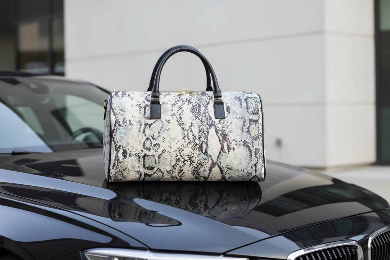 Python-Print Leather Travel Bag — Chic Snake-Pattern Weekender Duffel