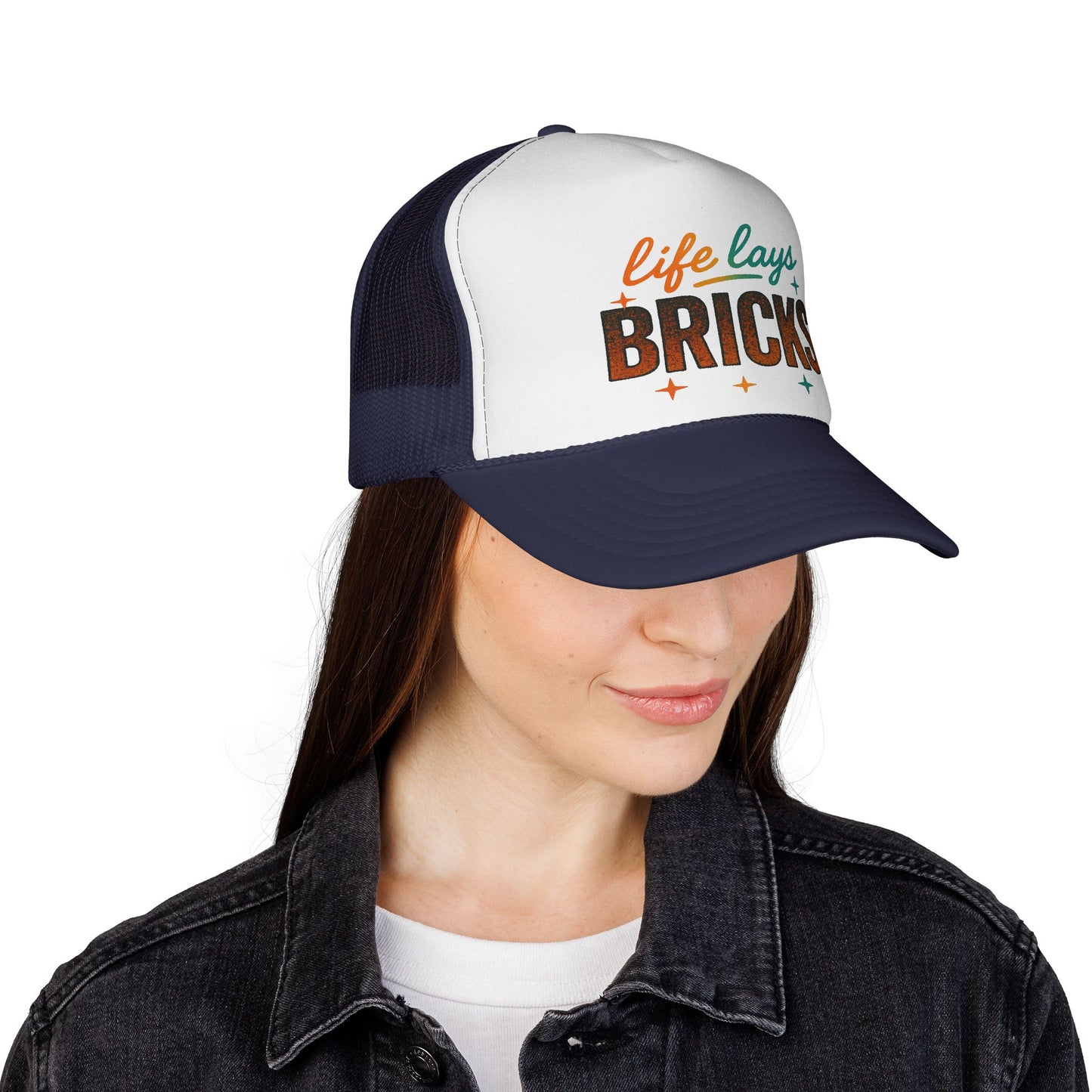 Life Lays Bricks Trucker Cap, Fun Casual Hat, Perfect Gift for Builders, Retro Style Cap, Great for Casual Outings, Stylish Sun Protection