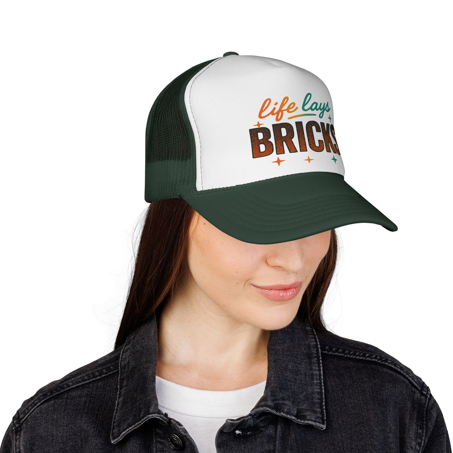 Life Lays Bricks Trucker Cap, Fun Casual Hat, Perfect Gift for Builders, Retro Style Cap, Great for Casual Outings, Stylish Sun Protection