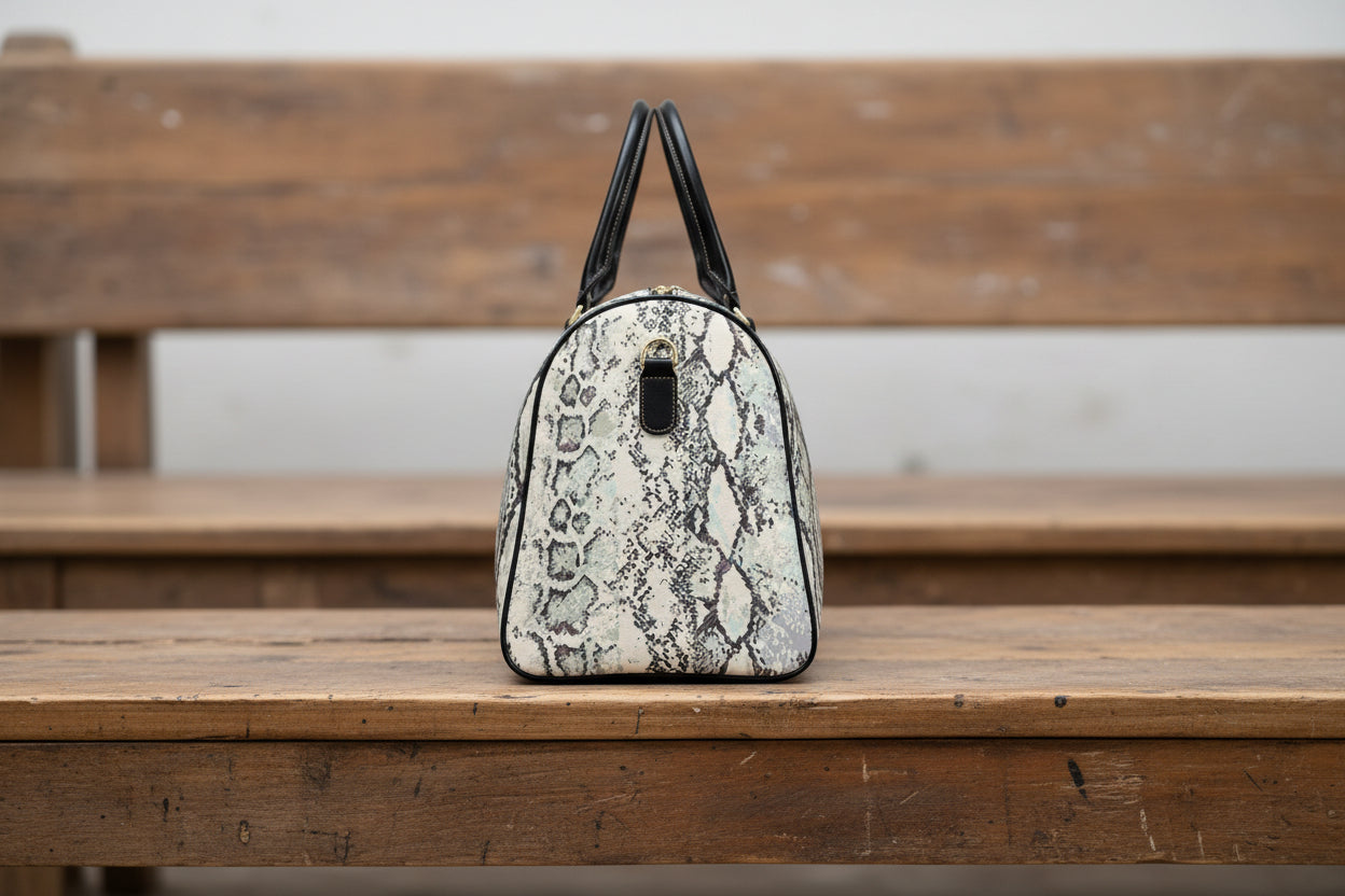 Python-Print Leather Travel Bag — Chic Snake-Pattern Weekender Duffel