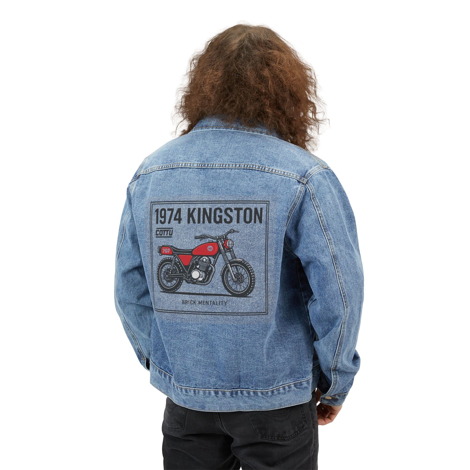 Denim Jacket — Vintage 1974 Kingston Motorcycle Graphic Back Print