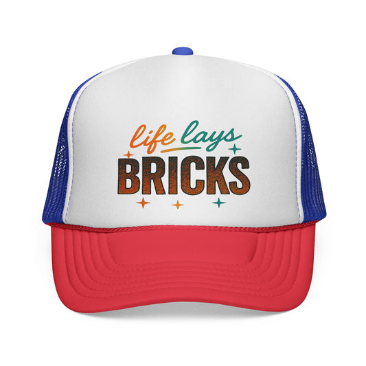 Life Lays Bricks Trucker Cap, Fun Casual Hat, Perfect Gift for Builders, Retro Style Cap, Great for Casual Outings, Stylish Sun Protection