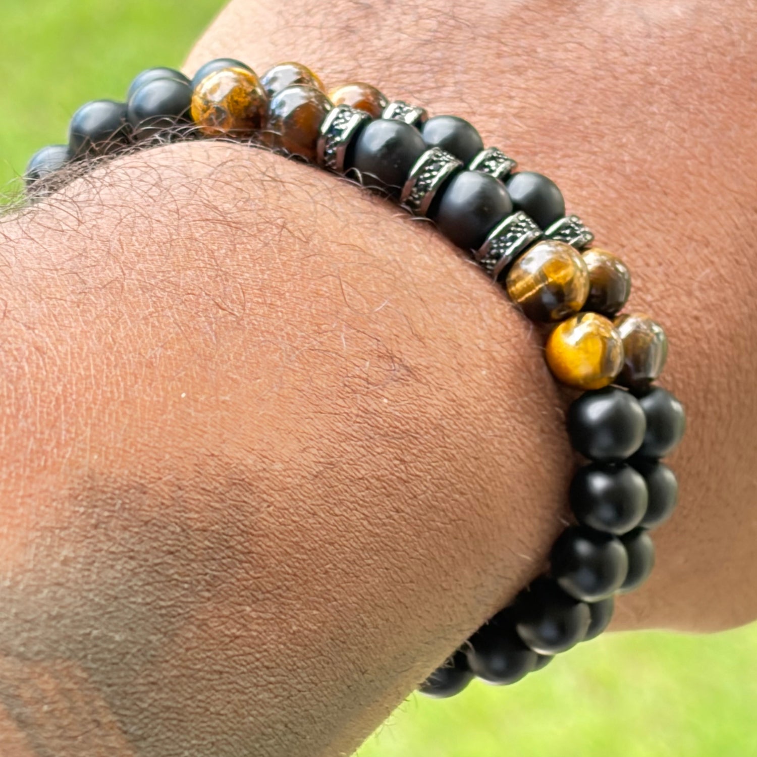 Men’s Obsidian &amp; Tiger Eye Stone Beaded Bracelet